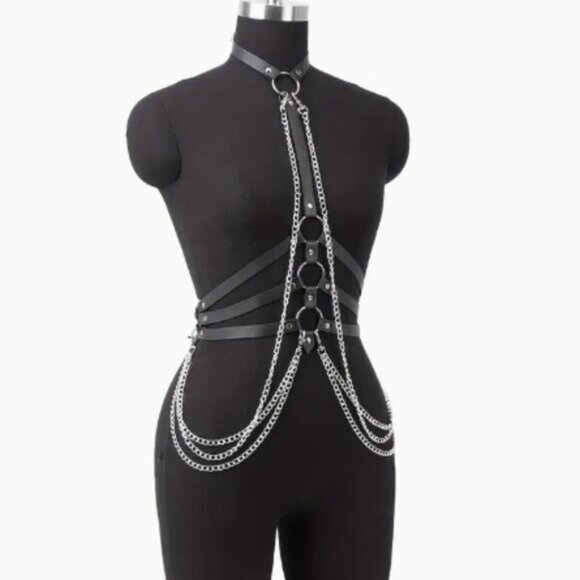 PU Leather Draped Layered Chain Choker Harness - Picture 3 of 6